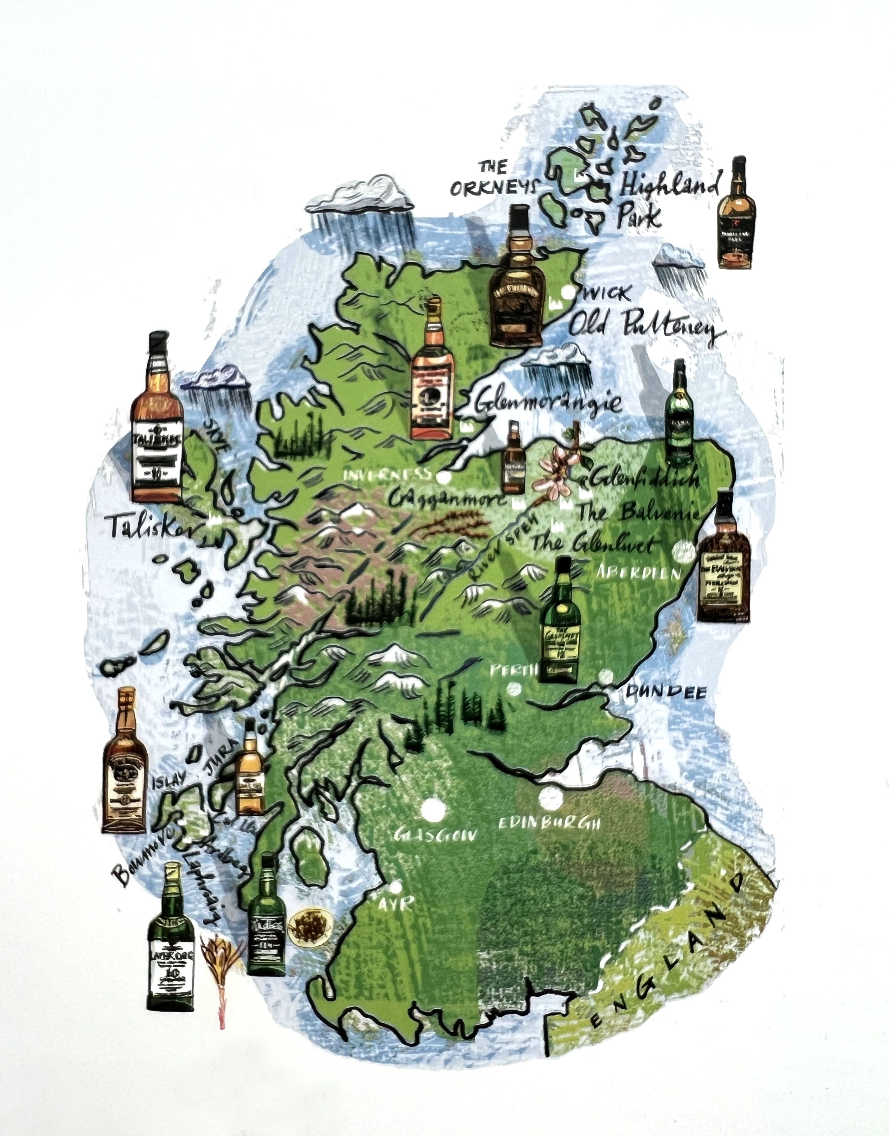 The illustrated map is an example of how such a graphic representation can diagrammatically convey appropriate information. Here, Nigel Owen’s ‘Whiskies of Scotland’ is also used in a promotional context.